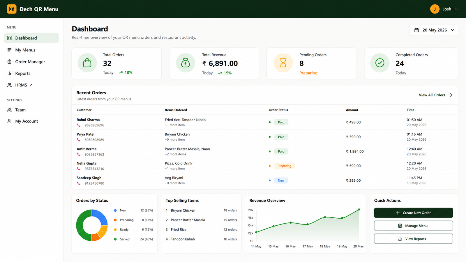 Dech QR Menu — Order Manager Dashboard